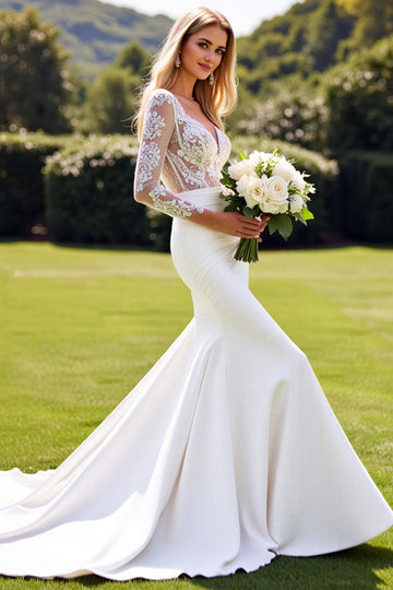 Lace Mermaid Ivory Long Sleeve Wedding Dress with Slit